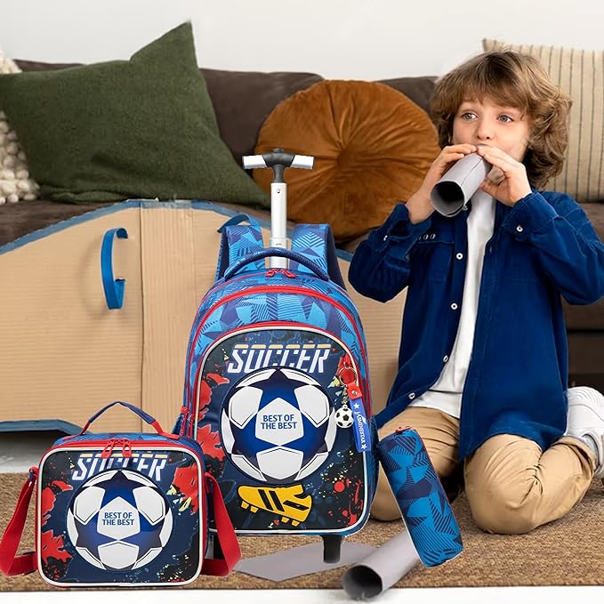 Backpack with Wheels for Kids Boys Rolling Backpack for School Roller Backpacks for Kids Backpacks with Lunch Box Pencil Case for Elementary Back to School Supplies