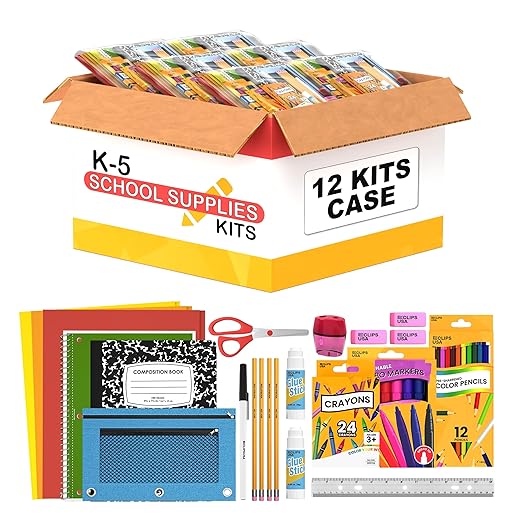 School Supplies for Kids (12 Kits Bulk), Back to School Supply Box, Supplies for Girls Or Boys, Supplies Bundle Kit (12)