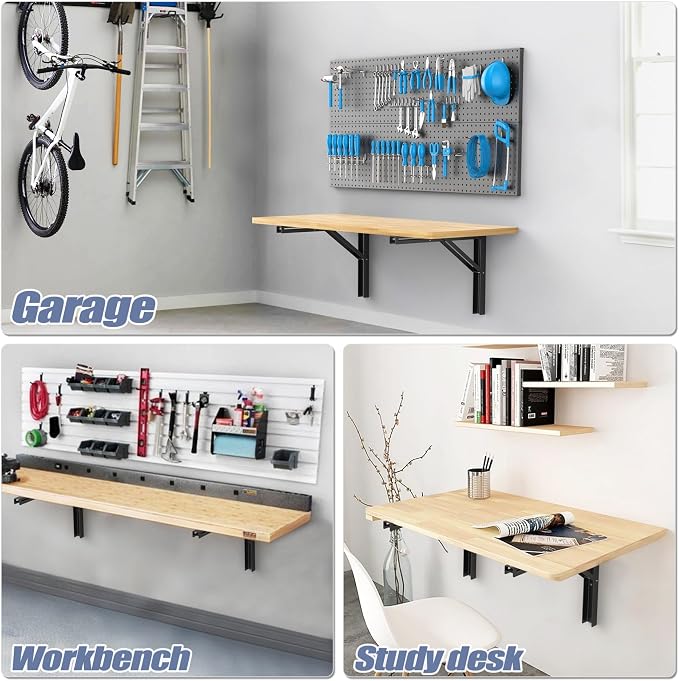 WALMANN 16 inch Folding Wall Shelf Brackets, Wall-Mounted Collapsible Brackets for Workbench/Table, 150 lbs Capacity, Space-Saving Hinges for Garage, Kitchen, Laundry(No Board)