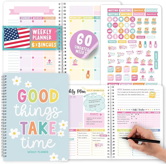 Undated Planner Weekly and Monthly - Spiral Undated Weekly Planner for Kids & Adults, Week Planners Habit Tracker, Goal Planners Notebook for Work, Agenda Planning Notebook
