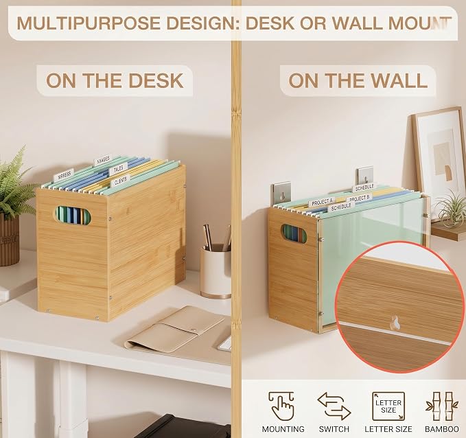 2 Pack Premium Thickened Bamboo Desktop Hanging File Organizer - Heavy Duty Portable Desk File Box with Handles, Sturdy Storage Crate for Letter Size Documents & Home Office