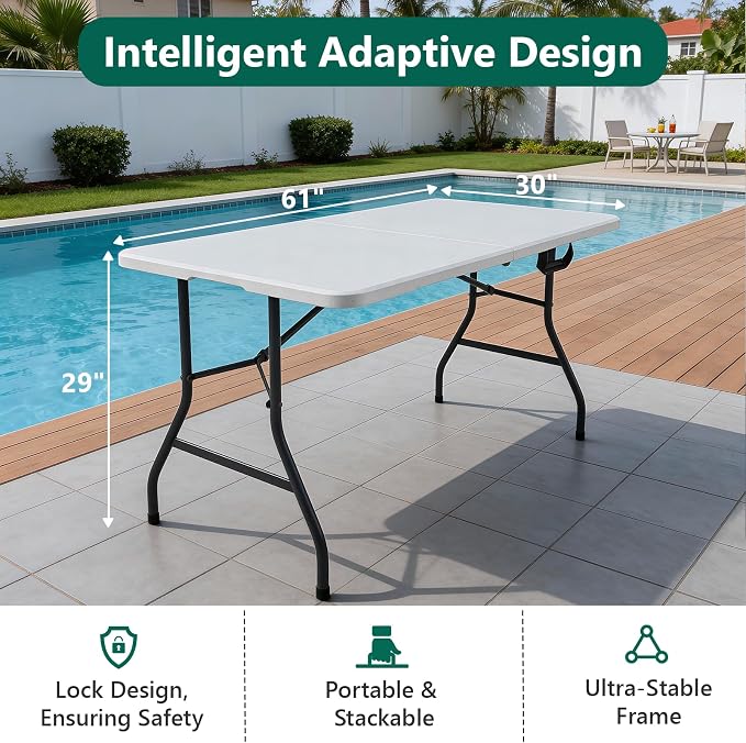 2 Pack 5ft Folding Table, Foldable Picnic Table with Carrying Handle, Heavy Duty Fold-in-Half Portable Table for Weddings, Camping, RV Travel, Parties, and Indoor Use, Easy to Fold and Store, White