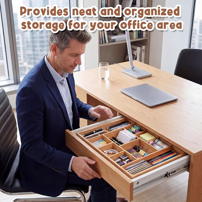 SiliFine 2 Pack Large Bamboo Desk Drawer Organizer, 10 Compartment Organization Tray Junk Drawer Storage Box Multi-use Container Bin for Kitchen, Sewing, Makeup, Office, Bathroom Vanity, 16.5"x12"