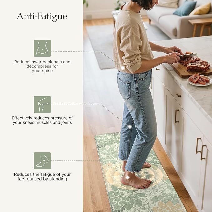 GENIMO Anti Fatigue Kitchen Mats for Floor 2PCS, Cushioned Standing Mats | 17.3"x47"&17.3"x30", Green vintage floral rug set, waterproof, non slip, easy-clean for farmhouse