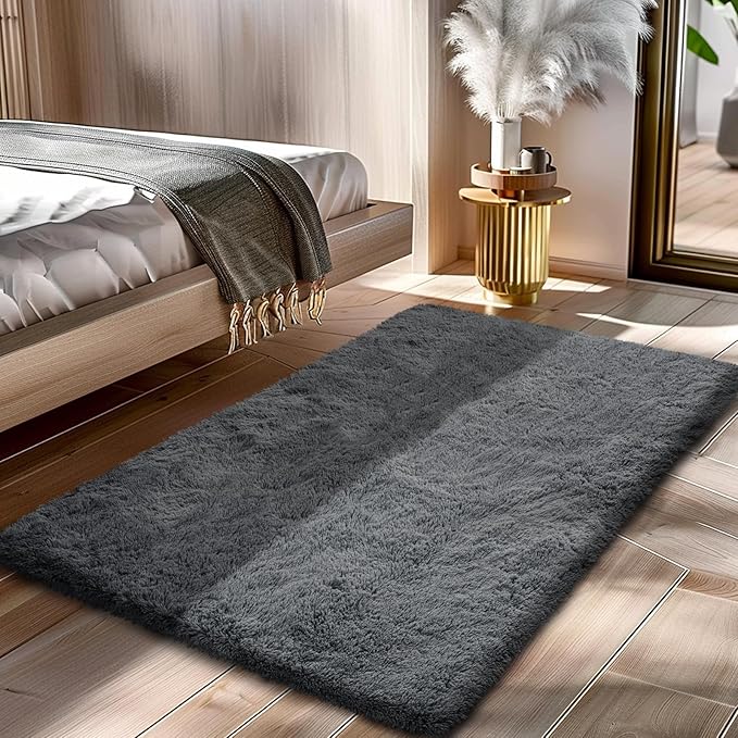 Fluffy Rug Shag Area Rug, Grey 2x4 Area Rugs for Bedroom, Small Bedside Rug, Soft Fluffy Shag Entryway Throw Rugs for Living Room Bedroom Room Home Decor