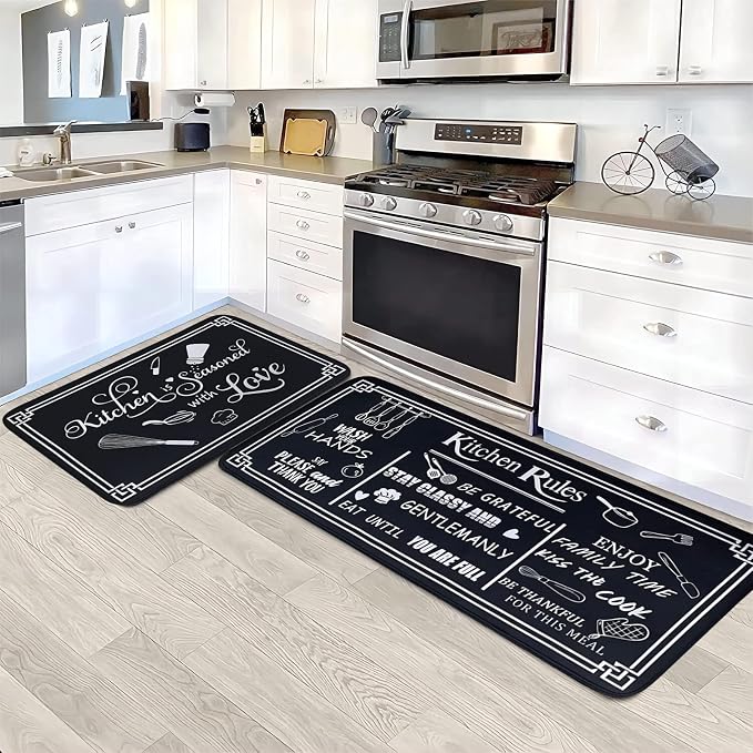 Kitchen Rug Sets of 2 Piece Non Slip Kitchen Rugs and Mats Washable Kitchen Mats for Floor Kitchen Carpet Runner Rugs Decor for Laundry Bathroom Living Room,Black Kitchen Rules 20"x 59"+20"x 32"