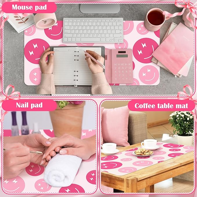 Smile Face Makeup Vanity Mat Leather Desk Pad Protector Cute Pink Mouse Mat Office Desk Dual-Sided Dressing Waterproof Writing Pad for Desktop Office and Home