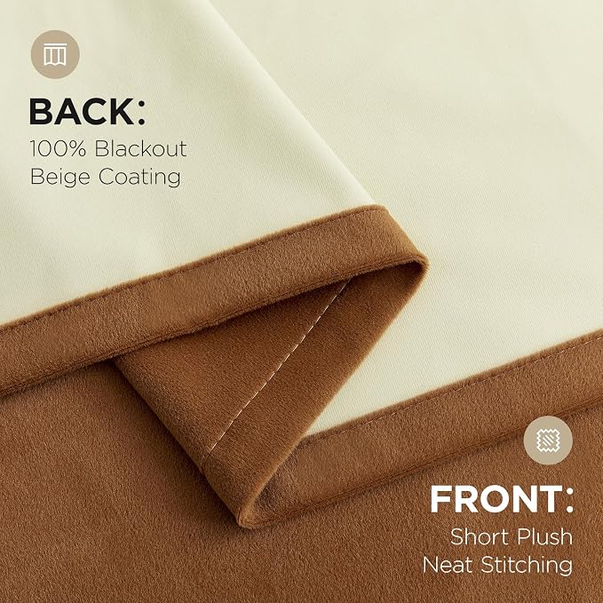 Joydeco Golden Brown 100% Blackout Curtains 96 Inch 2 Panels, Luxury Thermal Brown Velvet Curtains for Bedroom Living Room, Soundproof Blackout Window Drapes, Rod Pocket & Back Tab (52W x 96L)