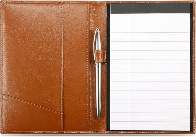 HISCOW Slim Leather Junior Padfolio, 5x8 Notepad Cover, Antiqued Brown | Full-grain buffalo leather, top-loading legal pad holder, rigid pen loop, quick-access card slot, zipperless boardroom design