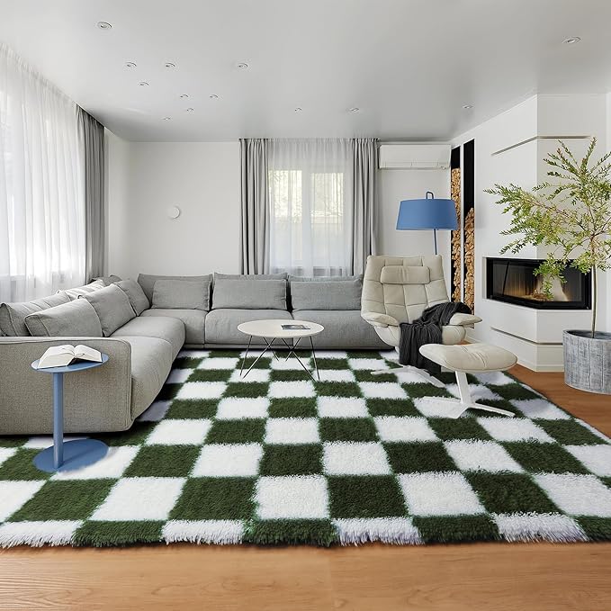 KICMOR 8x10 Area Rugs for Living Room, Large Soft Fluffy Checkered Big Fuzzy Shag Shaggy Bedroom Carpet, Olive Green and White Plush Floor Rug for Kids Boys Girls Dorm Nursery Home Decor Aesthetic