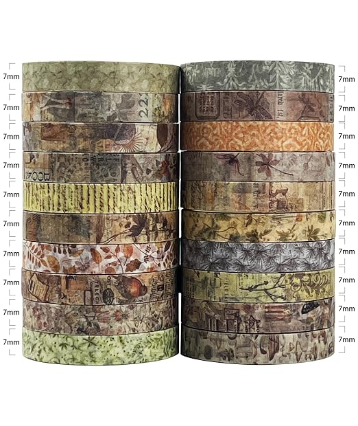 Vintage Brown Skinny Washi Tape Set 20 Rolls -Antique Patterns Masking Thin Basic Decorative Tapes for Arts, DIY Crafts, Bullet Journal, Planners, Scrapbook Decor, Gift Wrapping, Junk Journal