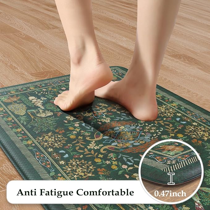 KIMODE Kitchen Mats Cushioned Anti Fatigue 17"x47"+17"x29", Farmhouse Kitchen Mats for Floor 2 Piece, Dark Green Padded Kitchen Floor Mats Non Slip, Standing Mat for Laundry Office Sink Desk