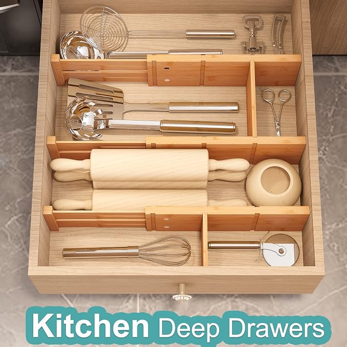 4.4" High Drawer Dividers with Inserts, Bamboo Drawer Dividers for Clothes, Expandable from 12-17.5", Adjustable drawer organizer for Bedroom, Kitchen & Office, 4 Dividers with 8 Insert.