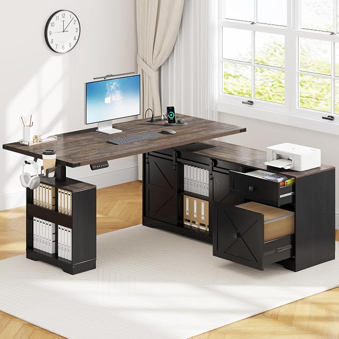 St.Mandyu L Shaped Electric Standing Desk 63" Black with Power & Storage | File drawer, sliding door cabinet, cup holder, height adjustable, sturdy wood frame, home office for work/study/writing