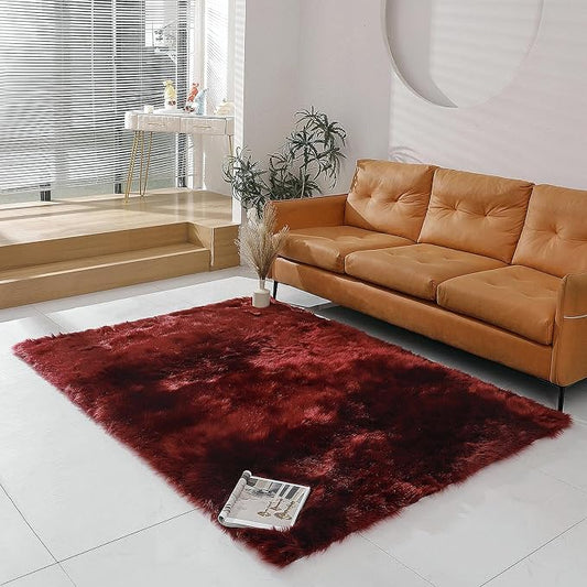 linmopm Faux Fur Rug Sheepskin Shag Fluffy Fuzzy Red 5x7 ft Rugs for Bedroom Bedside Bed Floor Living Room Plush Rectangle High-Density Cushion Carpet Super Sofa Cover
