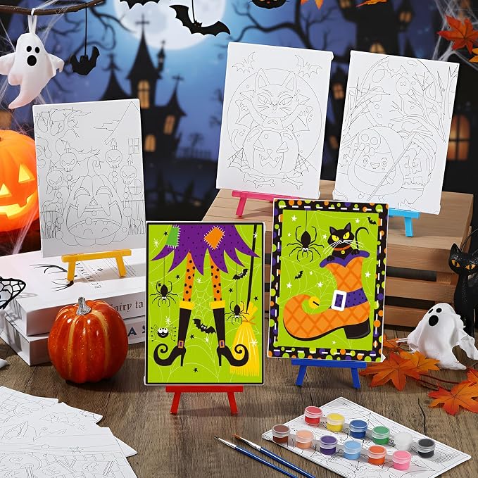 Blosssound 10 Set Halloween Pre Printed Canvas Witch Pre Drawn Canvas Painting with Easel Kits 5" x 7" Outline Painting Panels for Beginners, DIY Craft Project, Party Favor, Home Decors(Pumpkin Witch)