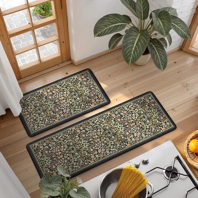 Collive Kitchen Mats for Floor 2PCS, Cushioned Anti Fatigue Mat Non Slip Waterproof Kitchen Sink Rugs, Washable Vintage Spring Floral Rug Comfort Standing Mat for Laundry, Desk, Bar, Office, Black