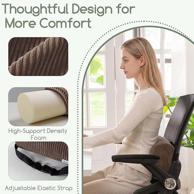 HIGOGOGO Lumbar Roll Lumbar Support Pillow for Office Chairs, Cars, and Gaming Chairs, Back Cushion with Washable Cover & Adjustable Strap to Relieve Back Pain and Improve Posture, 11"x6"x5", Brown