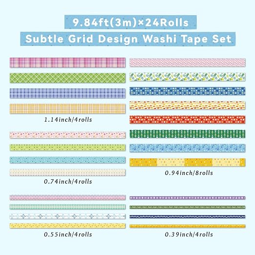 Grid Washi Tape Set 24 Rolls, Decorative Masking Tape for Junk Journal, Scrapbooking Supplies, DIY Crafting Supplies
