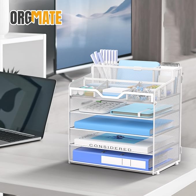 5 Tier Mesh Paper Desk Organizer with Pen Holders, White | Features 3 pen holders, and 5 adjustable compartments for office school home desk storage
