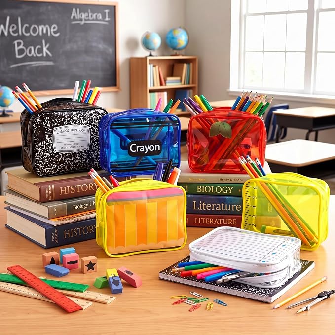 Suclain 6 Pack Back to School Gift for Teacher, School Theme PVC Zipper Organizer Pouches, 7.9 × 5.9 × 2.4 in Colorful Storage Bags for Classroom Rewards Teacher Student Gift Bags