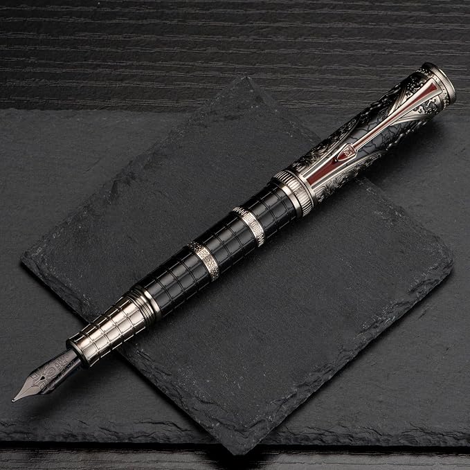 Hongdian D5X Fountain Pen Black Color Medium Nib, Qin Dynasty Retro Chinese Totem Engraving Smooth Writing Pen with Converter and Pen Box Set