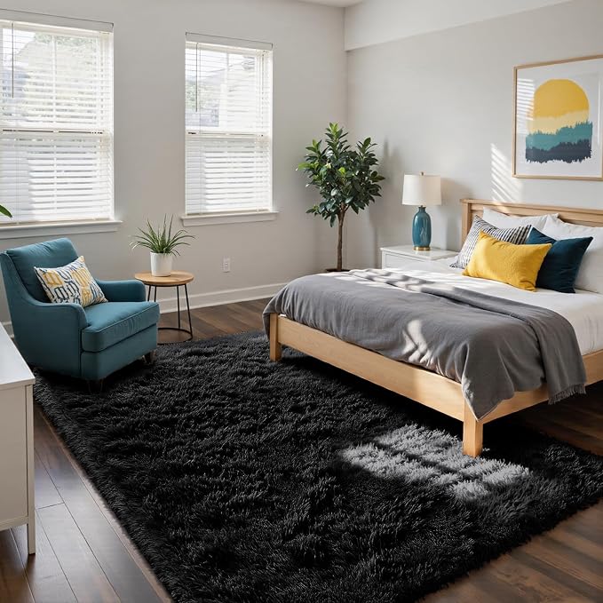 Fluffy Rug Shag Area Rug, Black 4x6 Area Rugs for Bedroom, Small Bedside Rug, Soft Fluffy Shag Entryway Throw Rugs for Living Room Bedroom Room Home Decor