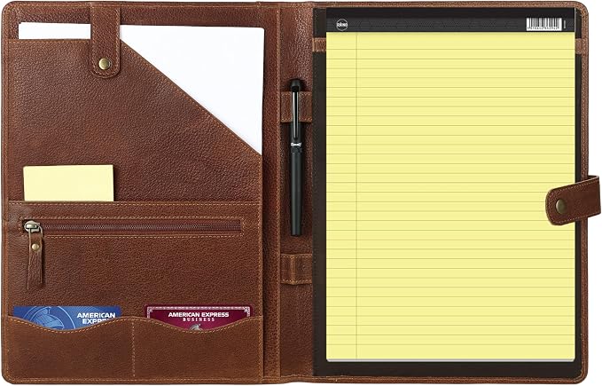 KomalC Leather Portfolio Folder with Button Closure | Business Padfolio for Professionals | Vintage Organizer with Legal Pad Holder, Card Slots & Document Pockets