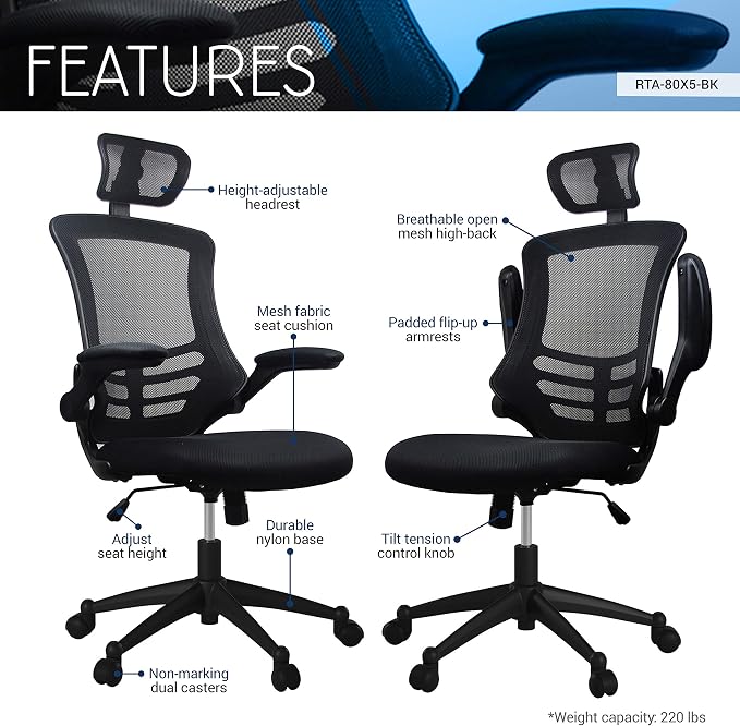 Techni Mobili High-Back Mesh Office Chair with Headrest, Recline, Black | Executive mesh office chair, adjustable headrest, flip-up arms, recline control, height adjustable, swivel chair, ergonomic