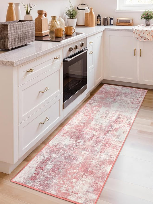 Macgace Washable Abstract Runner Rug, 2x6 Modern Area Rugs with Non-Slip Rubber Backed for Kitchen, Thin but Soft Contemporary Carpet Bedroom Entryway Hallway Decor, Pink