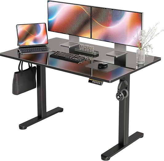 Claiks 48x24 Inch Black Glass Standing Desk | Adjustable Height, Tempered Glass Top, Stand Up, Quick Install, 3 Memory Presets