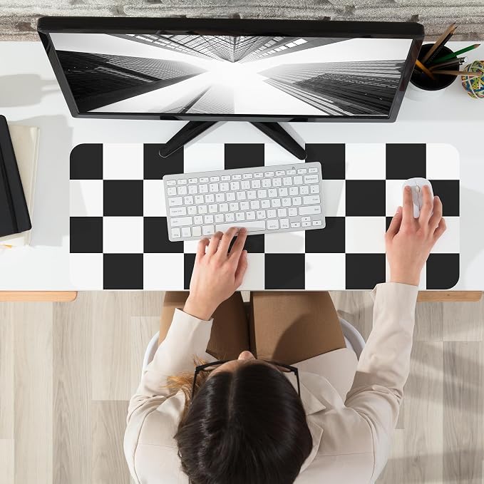 Non-Slip Checkered Desk Mat, 31.5"x12", White Black | Waterproof PU Leather, Large Blotter, Easy Clean, For Work/Home/Decor
