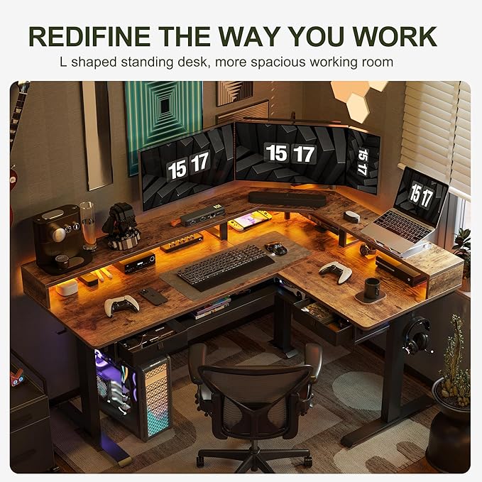 FEZIBO 63"x49" L Shaped Standing Desk with LED Strip & 2 Drawers, Upper and Lower Storage Shelves Available, Electric Height Adjustable, for Gaming, Office, Rustic Brown