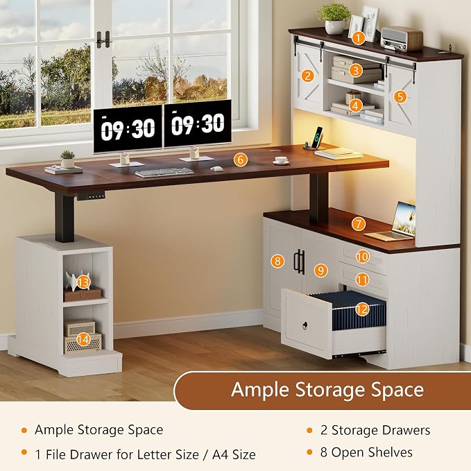 71" LED L Shaped Standing Desk with Hutch and Drawers, Farmhouse | Height Adjustable Corner Desk, Sit Stand Office Deskwith 4 AC Outlets & Type C, Executive Computer Desk with Cabinet, White