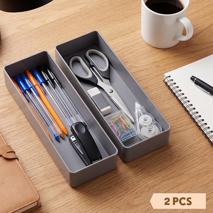 Teling 4 Pcs Grey Large Rectangular Desk Organizer Set, Half Accessory Tray, Plastic Tabletop Organizer for Office, Home, or Study, Dimensions: 9.45 x 2.95 x 1.38 Inches