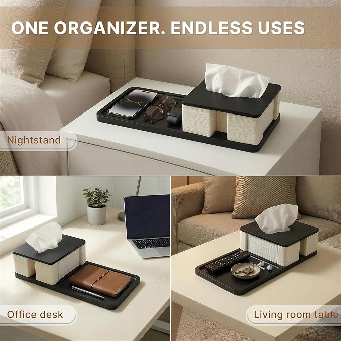 Bamboo Tissue Box Cover Rectangle with Tray, Nightstand & Desk Organizer | Decorative tissue box holder & tissue holder for bedside table; 12.5cm wide opening for easy refills; water-resistant bamboo