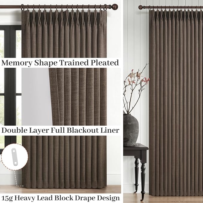 Double Layer Thick Linen Blackout 105 Inch Tall Curtains for Dining Room, Dark Flax Memory Shape Pinch Pleat Thermal Floor to Ceiling Curtain Brown Sound Dampening Neutral Windows Drapes 2 Panels Set