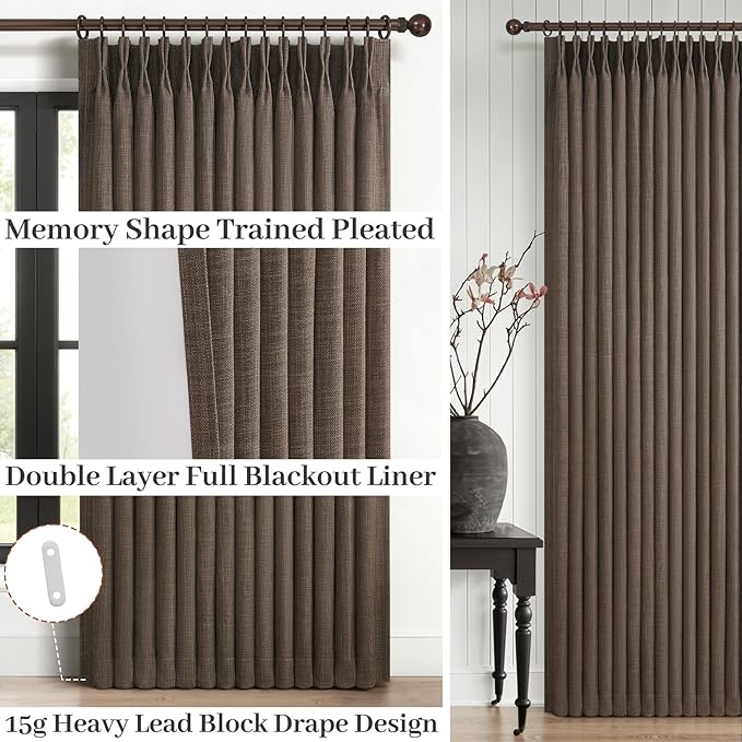 PleatedDrapes Dark Brown Blackout Curtains 86 Inches Long for Kids Bedroom, Memory Shape Pleat Two Layer Flax Linen Thermal Noise Reducing Modern Viral Drapes for 84-86 Inch Length Windows Panels of 2