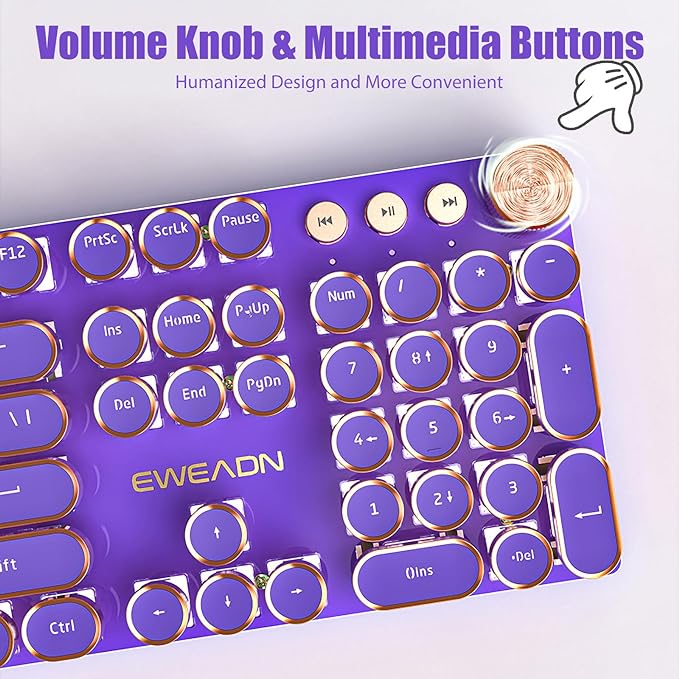 Typewriter Style Mechanical Gaming Keyboard White LED Backlit 104-Key NKRO Pink Switches Retro Round Keycaps Golden Ring Volume Knob Metal Panel Wired USB-C Detachable Cable, Purple