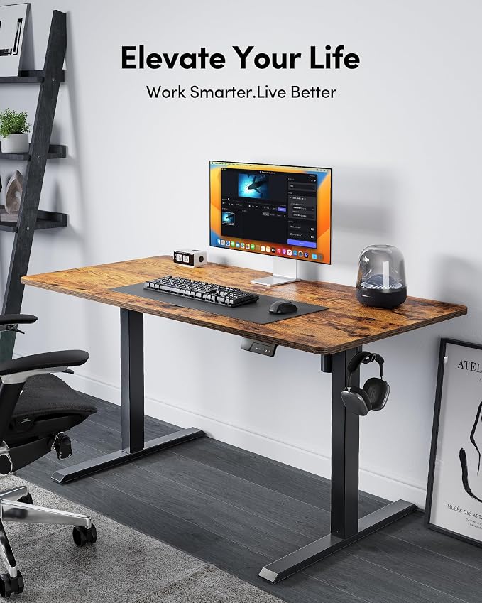 FEZIBO Standing Desk, 63×28 Inches Electric Height Adjustable, Sit Stand Up, Computer Office Desk with Splice Board, Black Frame/Rustic Brown TOP