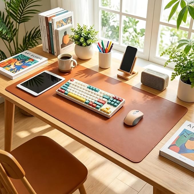 Large PU Desk Mat – Brown – 14 x 48 inch – Computer Desk Mat – Keyboard and Mouse Pad – Large Desktop PU Pad