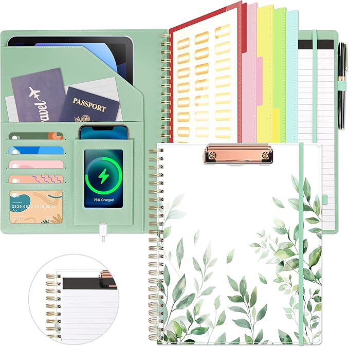 Ospelelf Clipboard with Storage, Leather Padfolio Portfolio Organizer 5 Folders with 10 Pockets, Spiral Clipboard Folio with Notepad for Letter Size, Elastic Closure and Pen Loop Green Plants