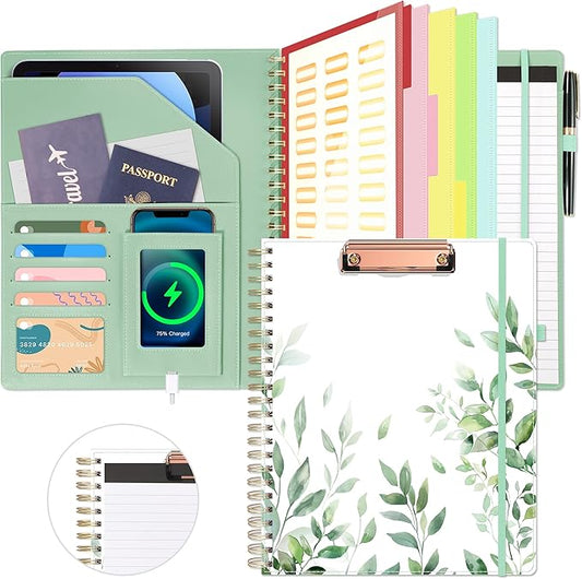 Ospelelf Clipboard with Storage, Leather Padfolio Portfolio Organizer 5 Folders with 10 Pockets, Spiral Clipboard Folio with Notepad for Letter Size, Elastic Closure and Pen Loop Green Plants