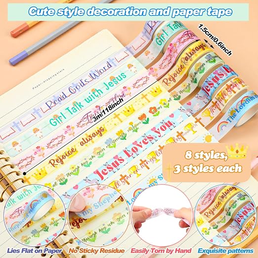 24 Rolls Back to School Christian Washi Tape Gifts Bulk Graduation Vbs Religious Scripture Kawaii Cute Bible Verse Washi Tape for Bible Journaling Crafting Students Biblestudy Stationery