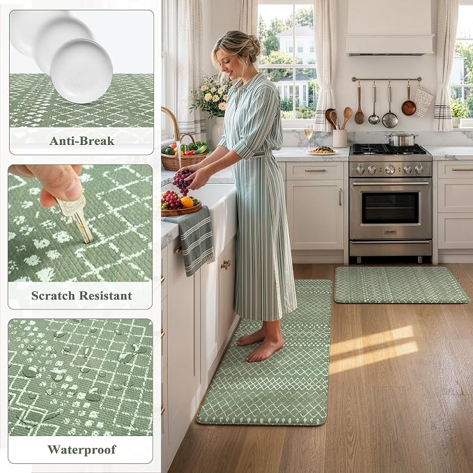KIMODE Kitchen Anti Fatigue Mats, Green Farmhouse Kitchen Rugs Sets of 2, Memory Foam Kitchen Mats for Floor, Waterproof Standing Mat for Sink Laundry Office Desk 20"x47"+20"x32"