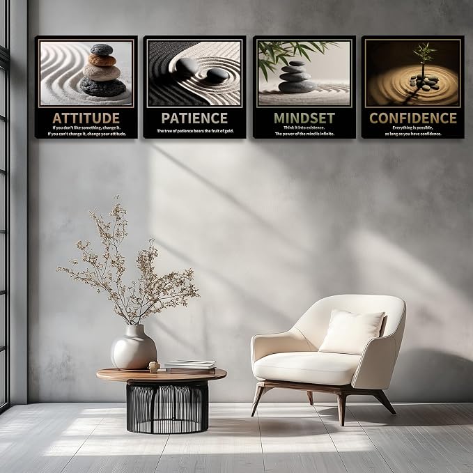 Kuiluuye Motivational Wall Decor Inspirational Zen Canvas Wall Art for Living Room Zen Stone Green Plant Picture for Office Workplace Painting Poster Artwork