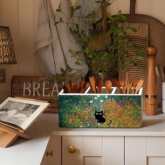 Black Cat Pen Pencil Holder for Desk, Black Cat Mom Lady Lovers Gifts for Women, Pet Lover Gifts, Cottagecore Wildflower Kitten Wooden Box Sign Decorations for Home Office Desk Tabletop