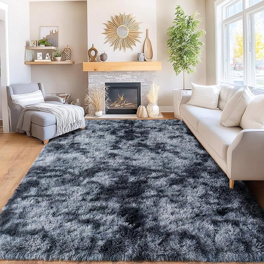 Area Rugs for Living Room Bedroom 9x12, Ultra Fluffy Shag Rug Modern Washable Carpet Soft Shaggy Non Slip Indoor Plush Fuzzy Rugs for Bedroom Dorm Office Home Aesthetic Decor, Tie-Dyed Blue Grey