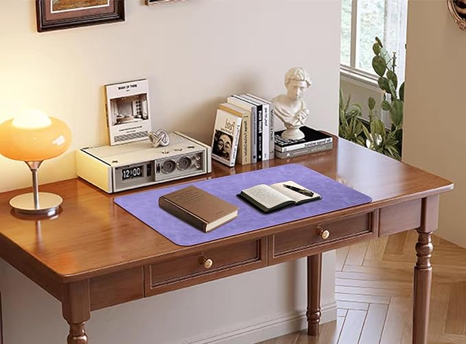 Soft Anti-Curl Faux PU Desk Mat 23.6"x13.8", Waterproof Heat Safe Non-Slip Vintage Desk Pad, Stitched Edge Wipeable Tear Resistant Desktop Protector for Work from Home Office (Purple)