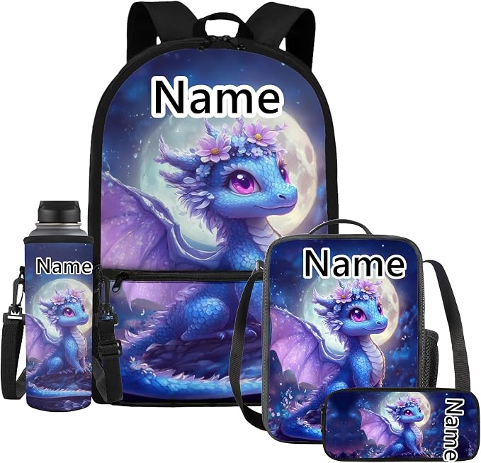 WELLFLYHOM Cute Dragon Customized Backpack for School Girls 6-8 Personalized 4 in 1 Book Bag with Lunch Box Pencil Case Water Bottle Sleeve Moon Elementary School Bag Set